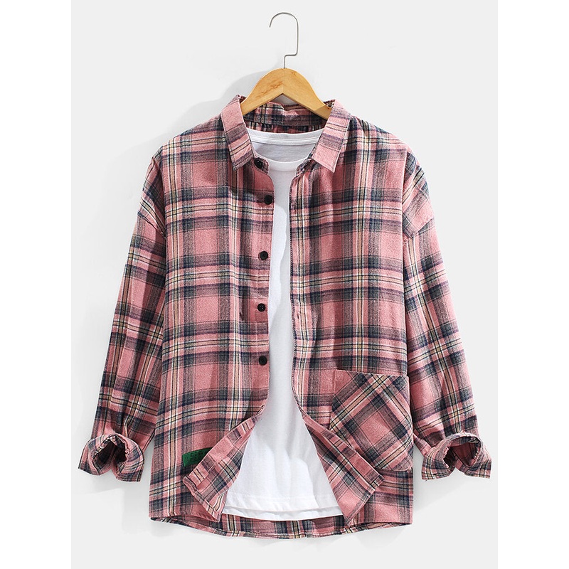 Mens Plaid Button Up Lapel Cotton Long Sleeve Shirts With Pocket
