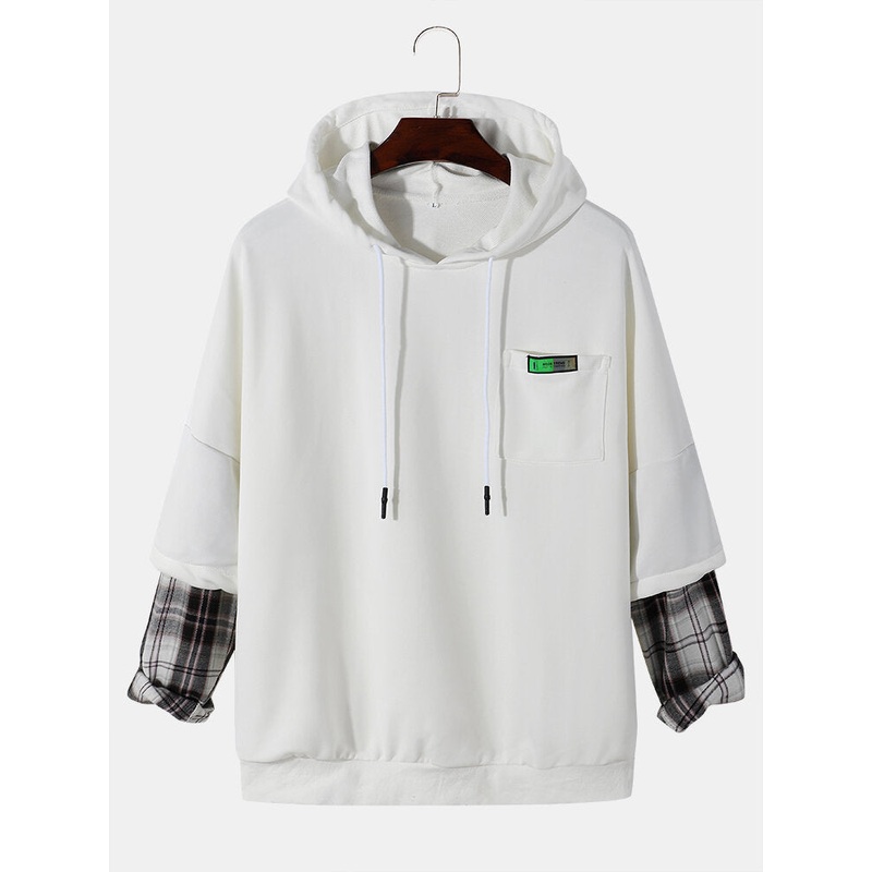 Mens Plaid Pattern Splicing Sleeve Dropped Shoulder Hood Sweatshirt