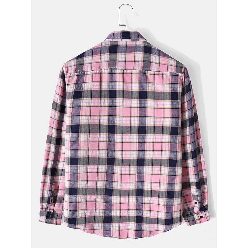 Mens Plaid Print 100% Cotton Casual Button Up  Lapel Long Sleeve Shirt