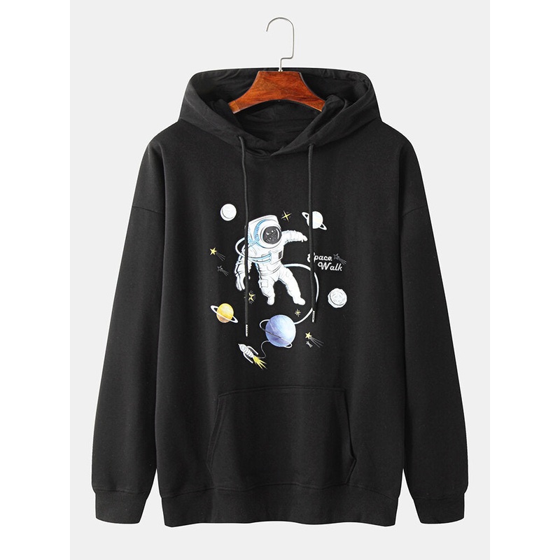 Mens Planet Astronaut Print Cotton Overhead Hoodies With Kangaroo Pocket