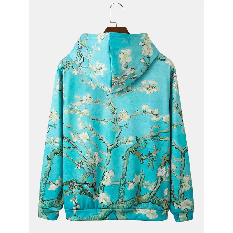 Mens Plant Floral Print Kangaroo Pocket Drawstring Hoodies