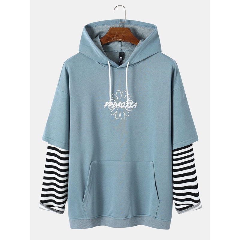 Mens Preppy Striped Sleeve Sweatshirt with Hood and  Front Pocket
