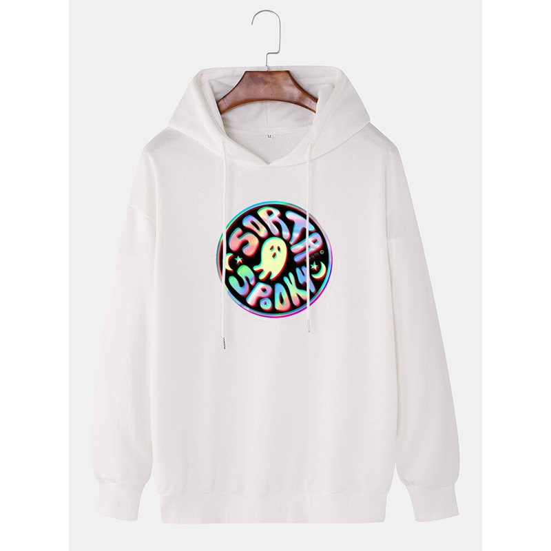 Mens Reflective Ghost Print Street Style Pullover Drawstring Hoodie