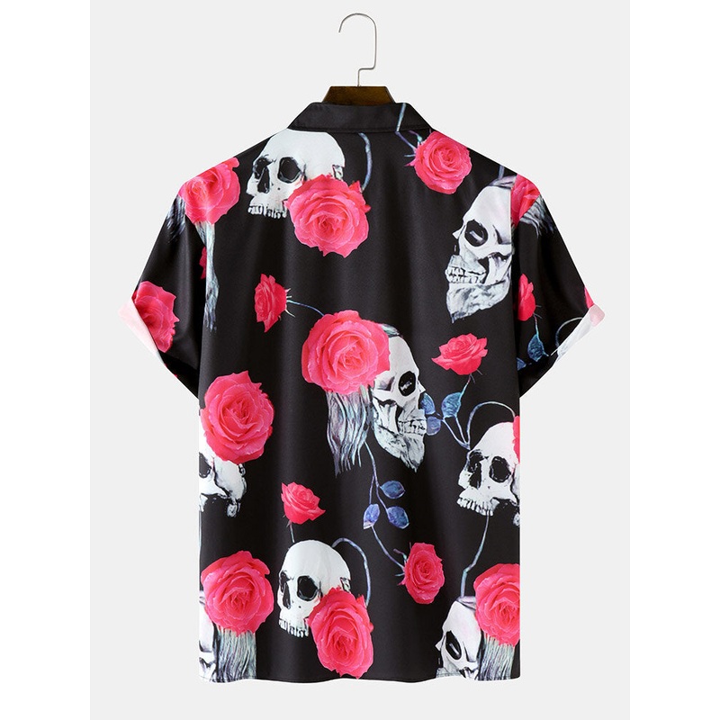 Mens Rose & Skull Print Revere Collar SHort Sleeve Shirt