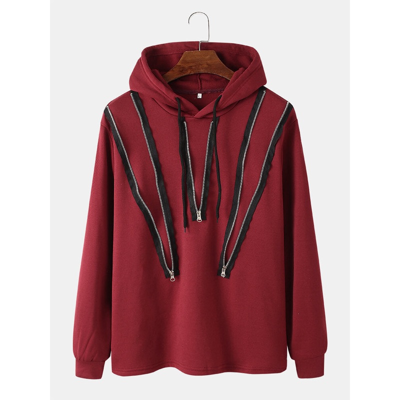 Mens Scratches Zipper Detail Street Style Casual Drawstring Hoodie
