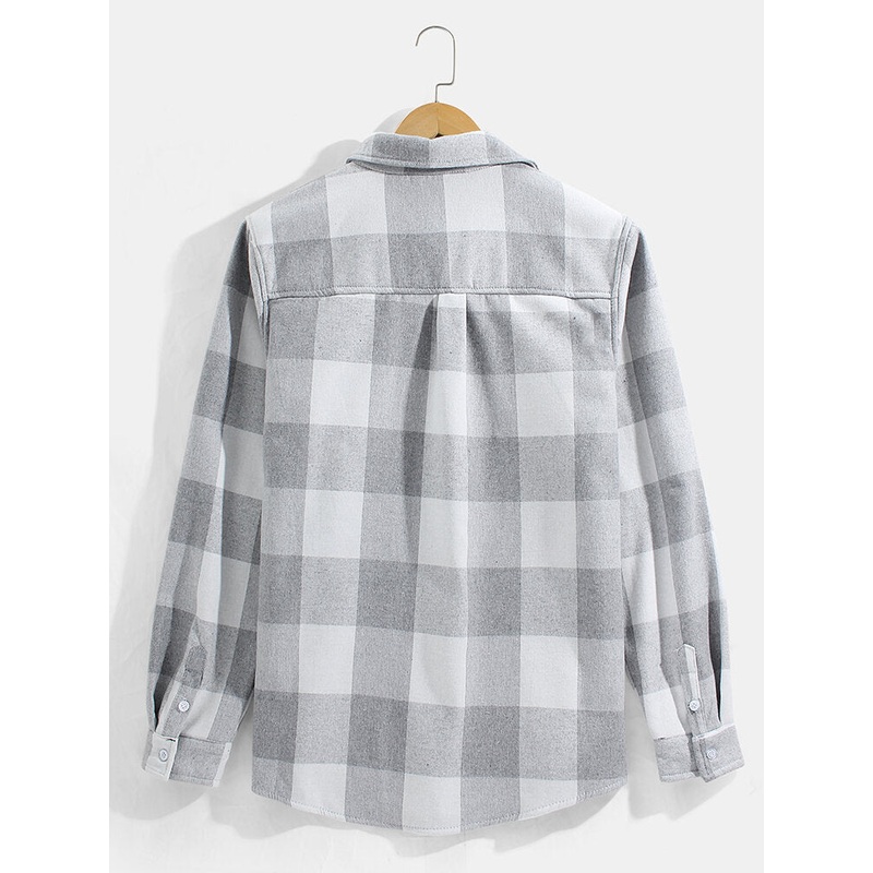 Mens Simple Plaid Thicken Warm Lined Button Up Pocket Long Sleeve Shirts