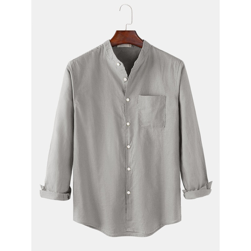 Mens Simple Stand Collar Solid Color Linen Long Sleeve Shirts With Pocket