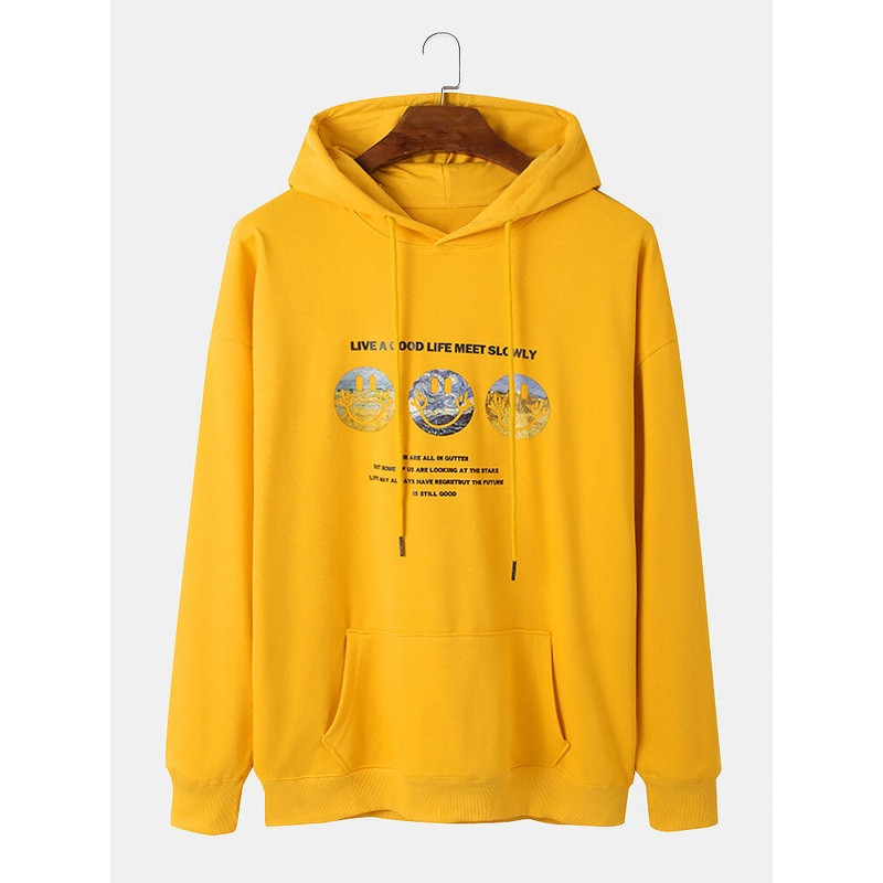 Mens Smile Pattern Slogan Print Drop Shoulder Design Drawstring Hoodies