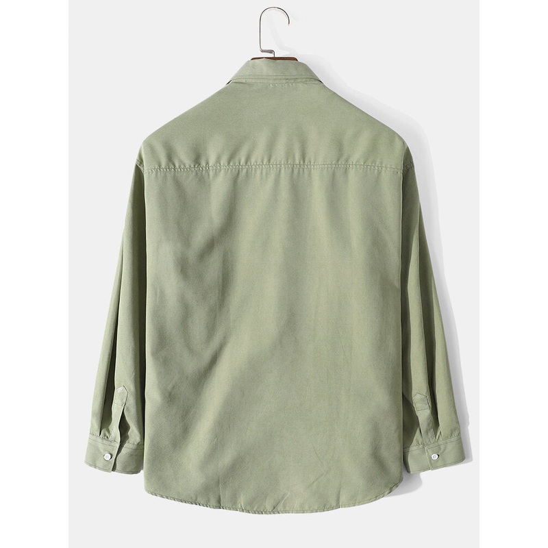 Mens Solid Color Bear Pocket Cotton Long Sleeve Lapel Shirt