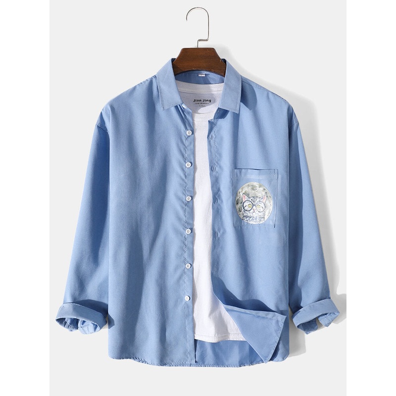 Mens Solid Color Cartoon Cat Pocket Lapel Cotton Long Sleeve Shirt