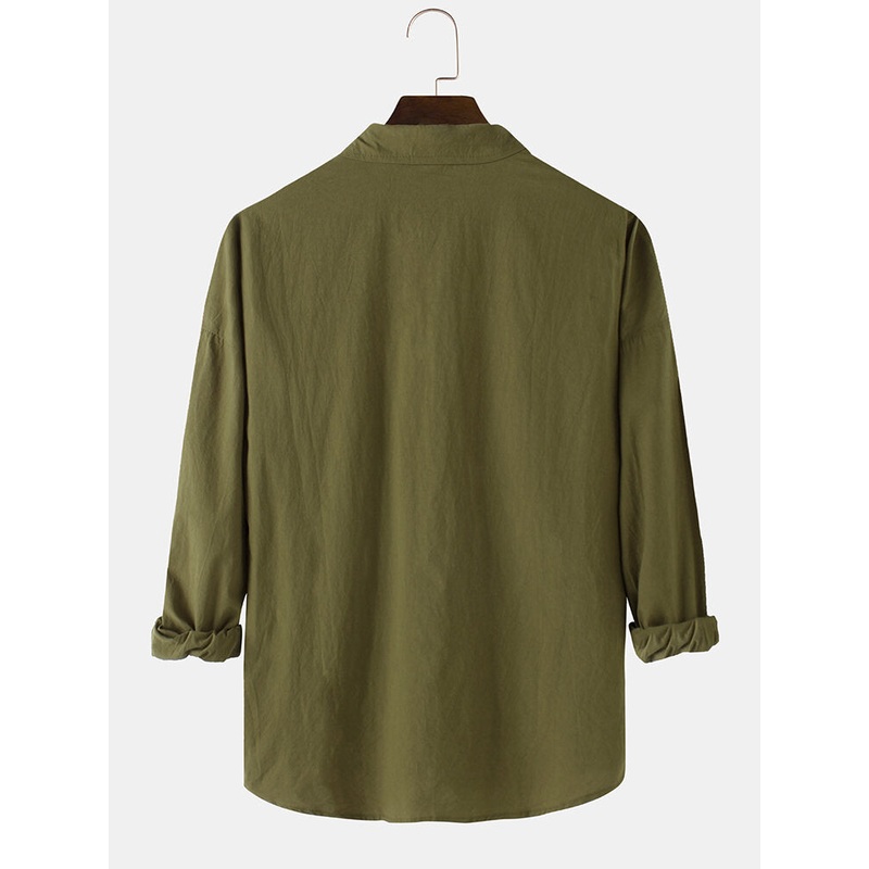 Mens Solid Color Label Double Pocket Long Sleeve Simple Shirts