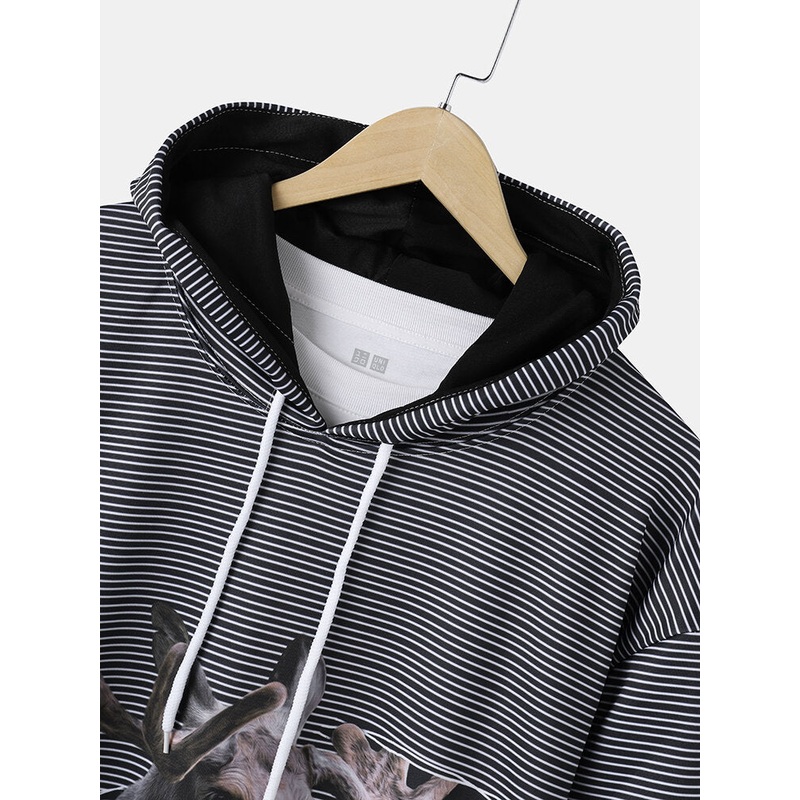 Mens Stripe 3D Animal Print Casual Drawstring Hoodies With Pouch Pocket
