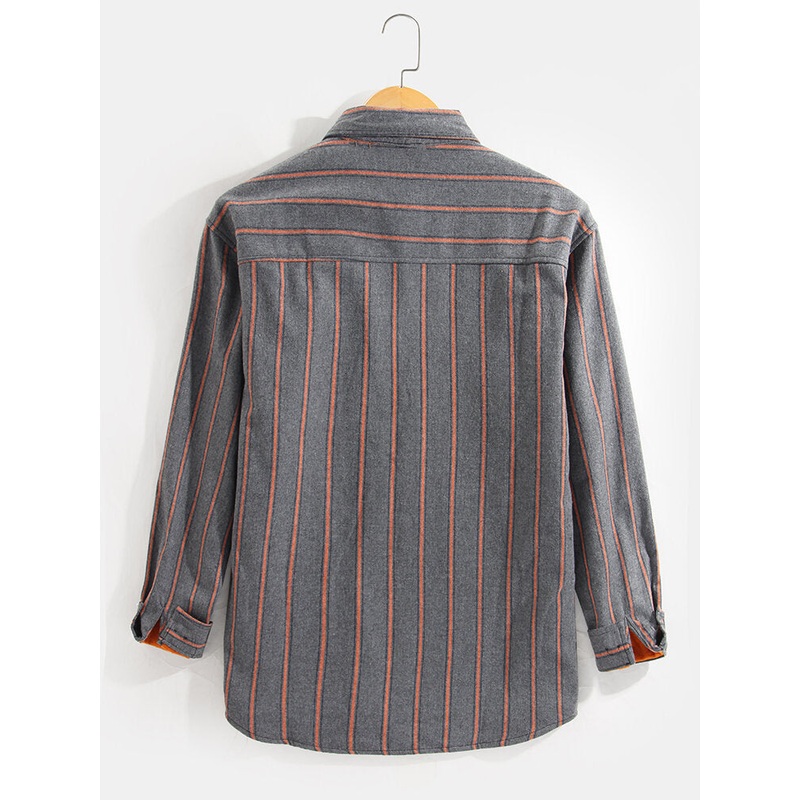 Mens Stripe Warm Thick Lined Pocket Long Sleeve Lapel Shirts