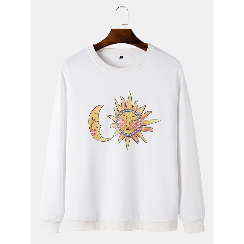 Mens Sun & Moon Celestial Graphic Round Neck Pullover Cotton Sweatshirts