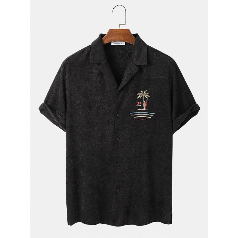 Mens Terry Cloth Towel Palm Tree Embroidery Cabana Shirts