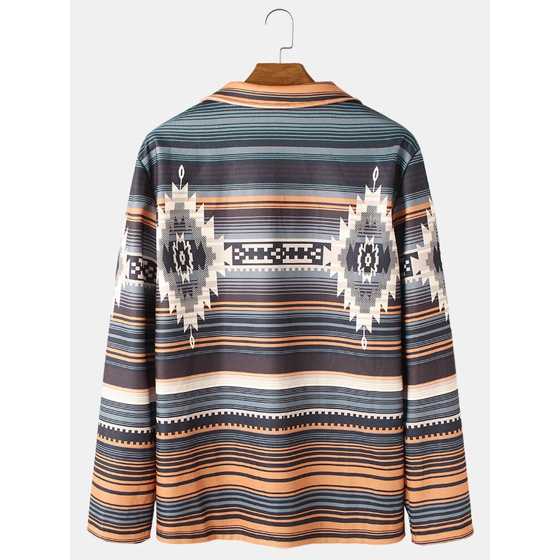 Mens Tribal Striped Print Lapel Vintage Long Sleeve Shirts