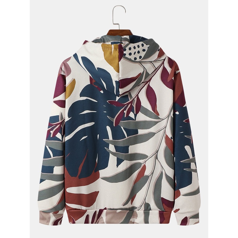 Mens Tropical Leaves Drawstring Kangaroo Pocket Hooded Sweatshirts