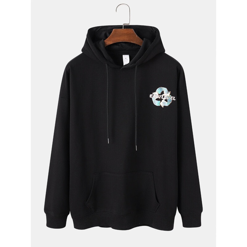 Mens Wave Print Kangaroo Pocket Long Sleeve Ethnic Style Drawstring Hoodies