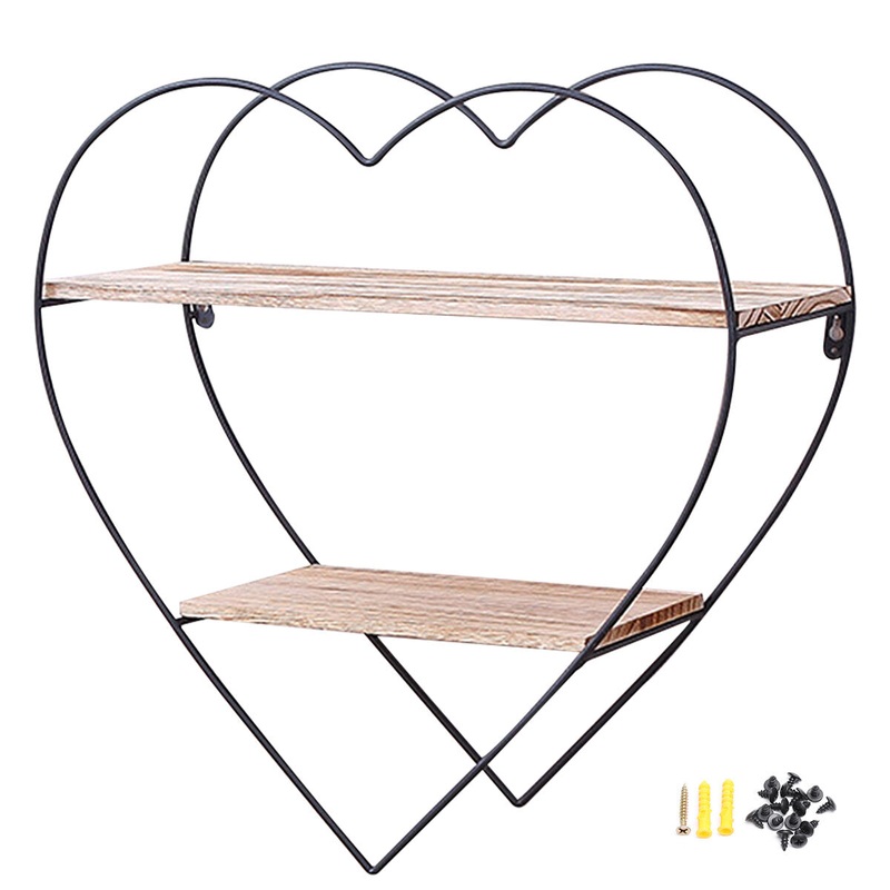 Heart-shaped Wooden Wall Shelf 2 Layers Vintage Storage Wall Mounted Display Floating Rack for Kitchen Living Room Office