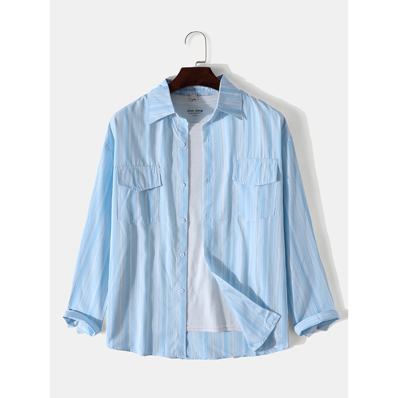 Mens Artsy Striped Turn-Down Collar Preppy Shirt