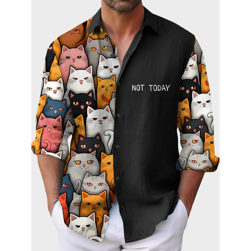 Mens Cartoon Cat Letter Print Patchwork Long Sleeve Shirts