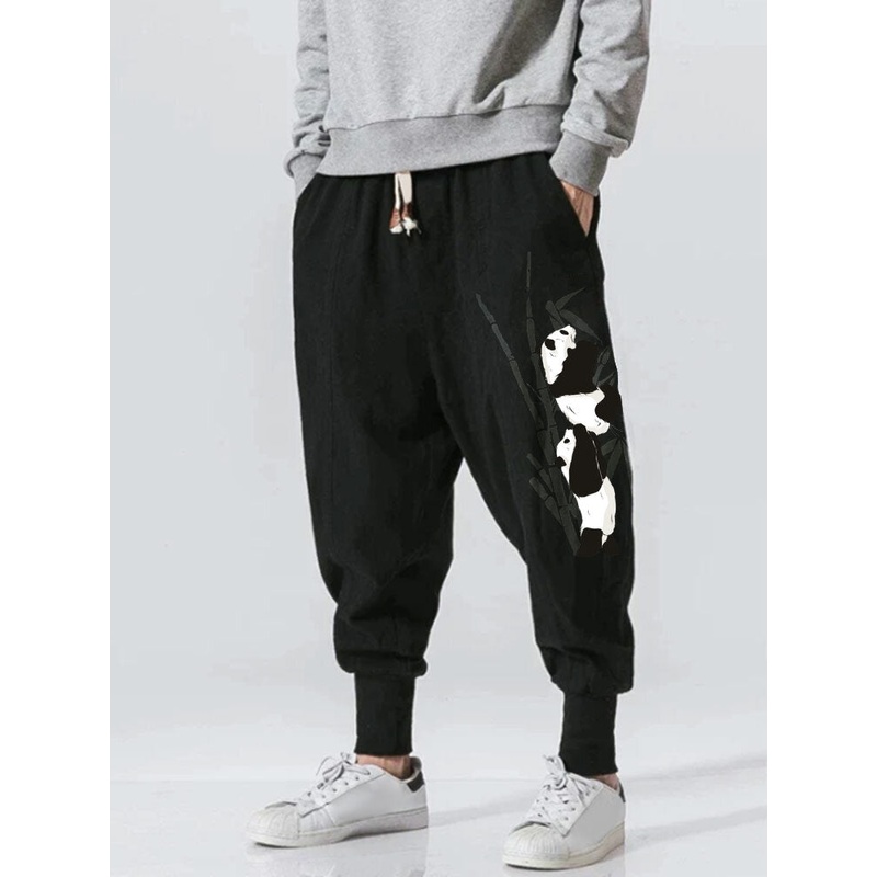 Mens Cartoon Panda Bamboo Print Loose Drawstring Waist Pants