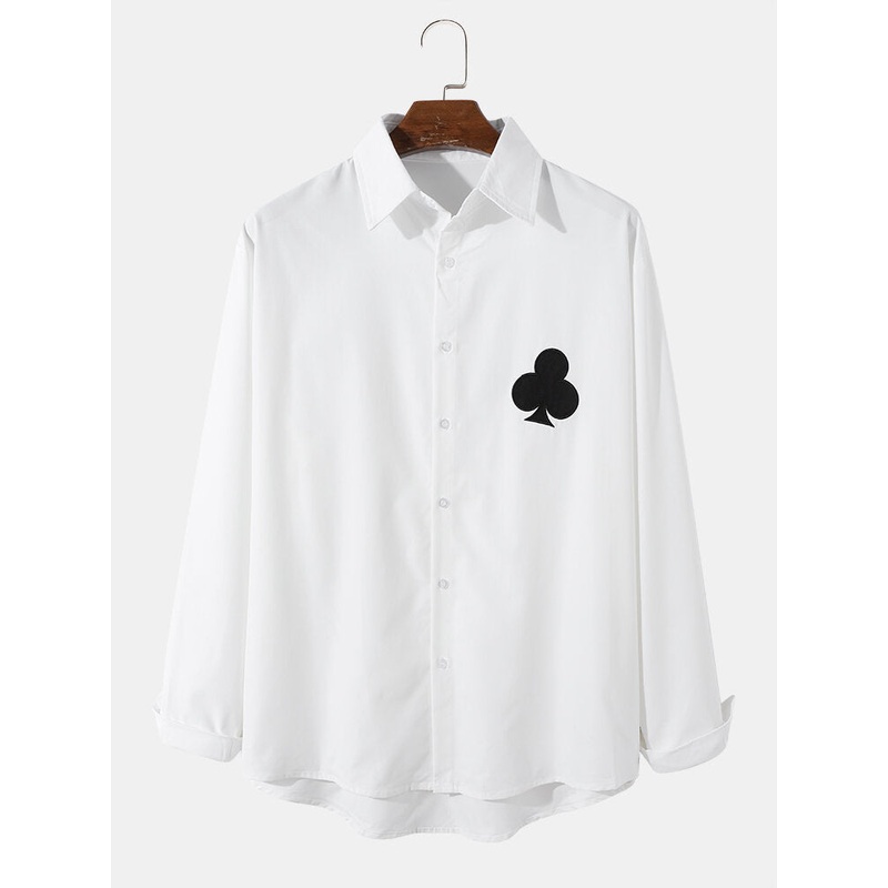 Mens Casual Korean Poker Club Embroidery High-Low Hem Shirt