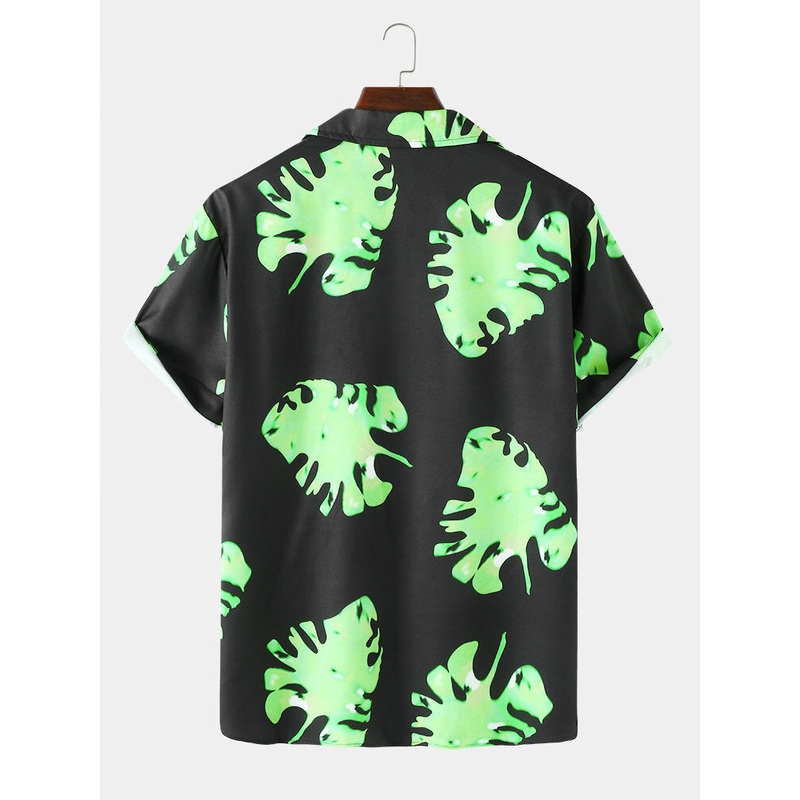 Mens Casual Leaf Pattern Camp Collar Shirts