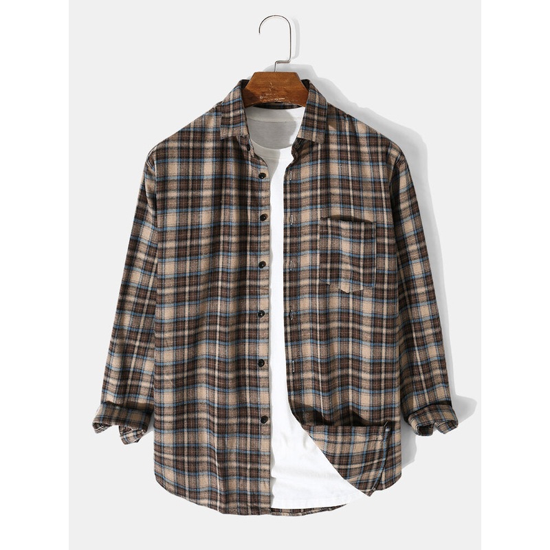 Mens Casual Plaid Long Sleeve Daily Lapel Shirt