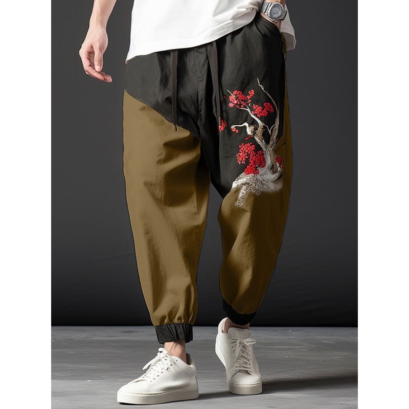 Mens Chinese Plum Bossom Print Contrast Patchwork Drawstring Waist Pants