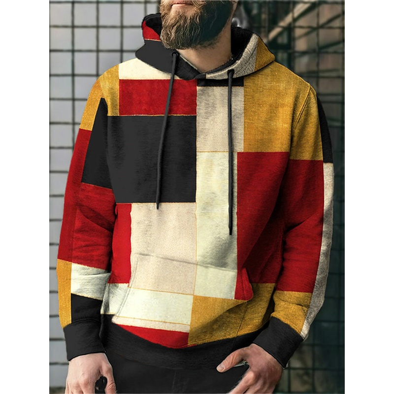 Mens Color Block Kangaroo Pocket Loose Drawstring Hoodies