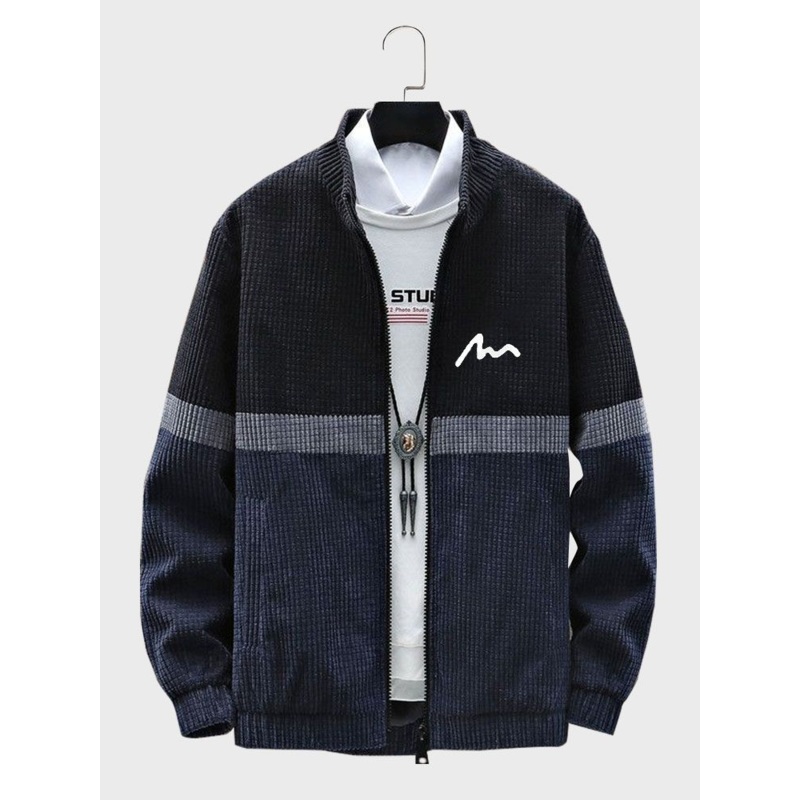Mens Color Block Patchwork Embroidered Zip Front Corduroy Jacket