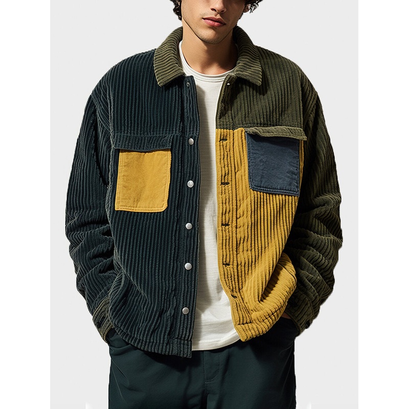 Mens Color Block Patchwork Flap Pocket Corduroy Shirt Jacket