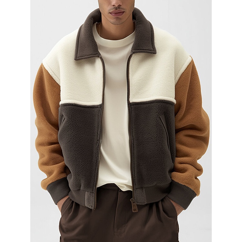 Mens Color Block Patchwork Lapel Zip Front Fleece Jacket