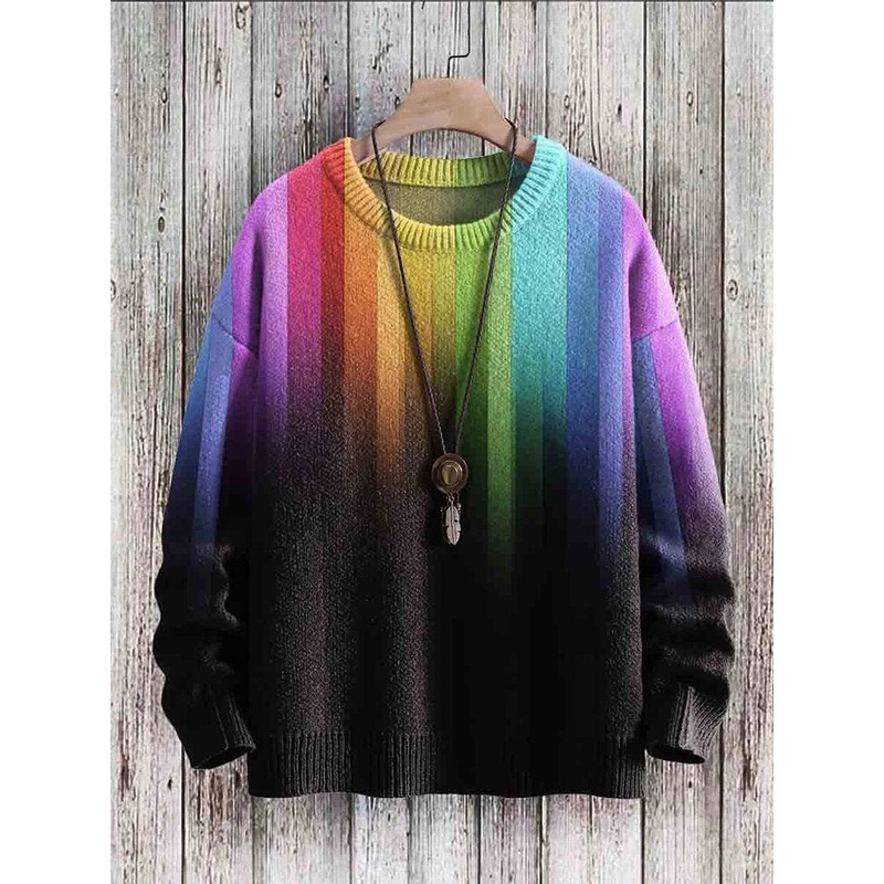Mens Colorful Ombre Stripe Crew Neck Pullover Sweatshirts