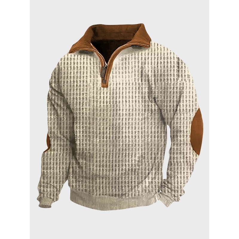Mens Contrast Patchwork Half Zip Waffle Knit Pullover Sweatshirts