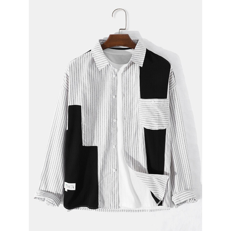 Mens Cotton Splicing Striped Long Sleeve Casual Shirt