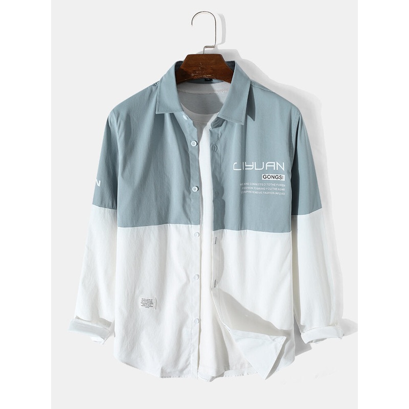 Mens Daily Artsy Letter Button Splicing Color Block Shirt