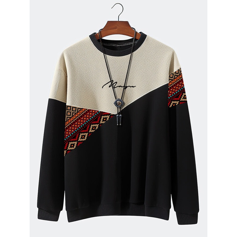 Mens Ethnic Geometric Print Patchwork Crew Neck Pullover Sweatshirts