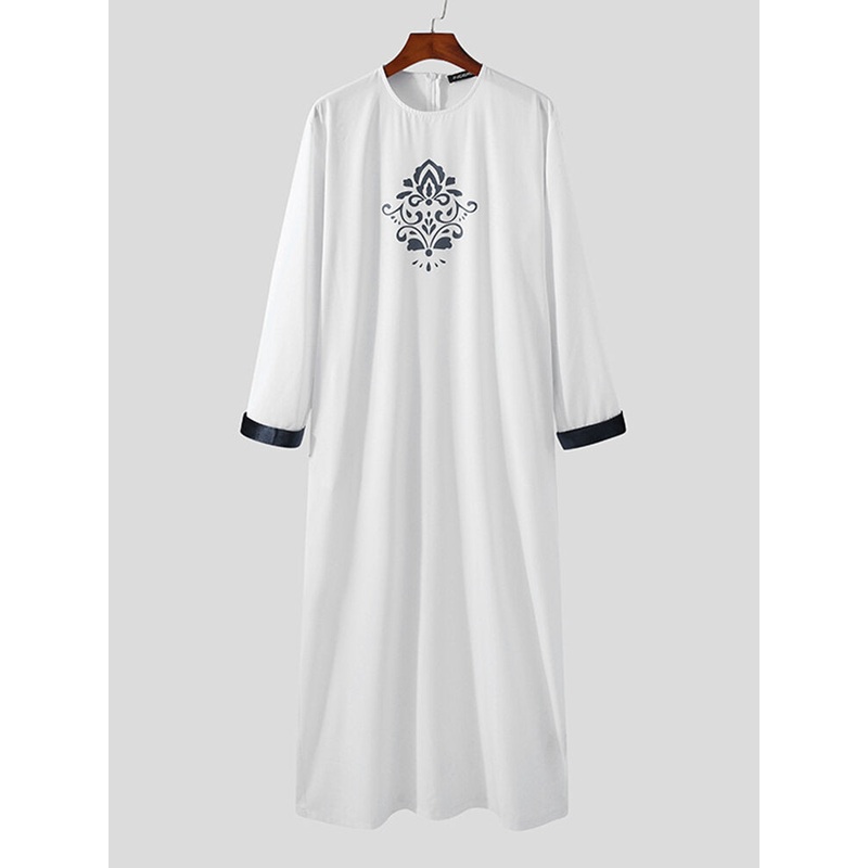 Mens Flower Print Cuff Zip Back Casual Long Sleeve Kaftan Robe