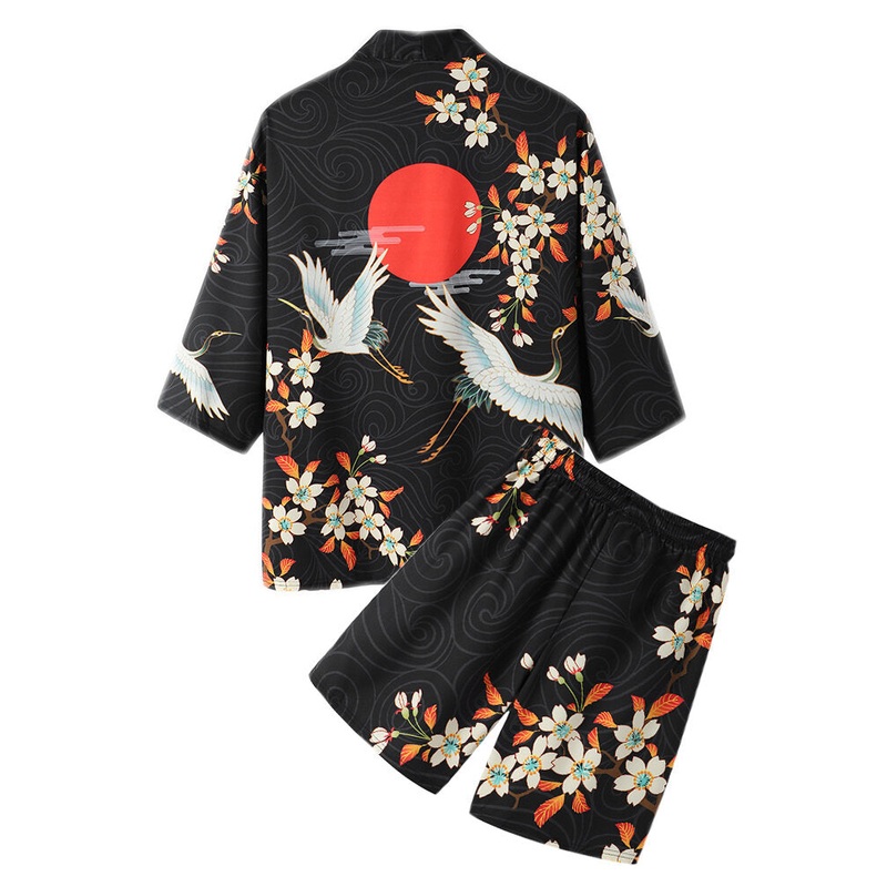 Mens Kimono Floral Crane Print Open Front Two Pieces Outfits