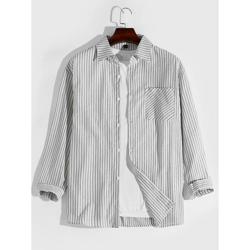Mens Lapel Striped Button Cuff Shirt With Front Pocket