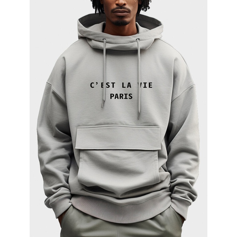 Mens Letter Print Flap Pocket Casual Drawstring Hoodies