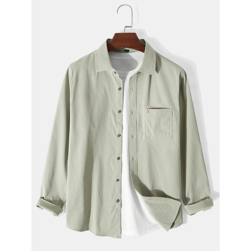 Mens Long Sleeve Solid Pocket Turn-Down-Collar Shirts
