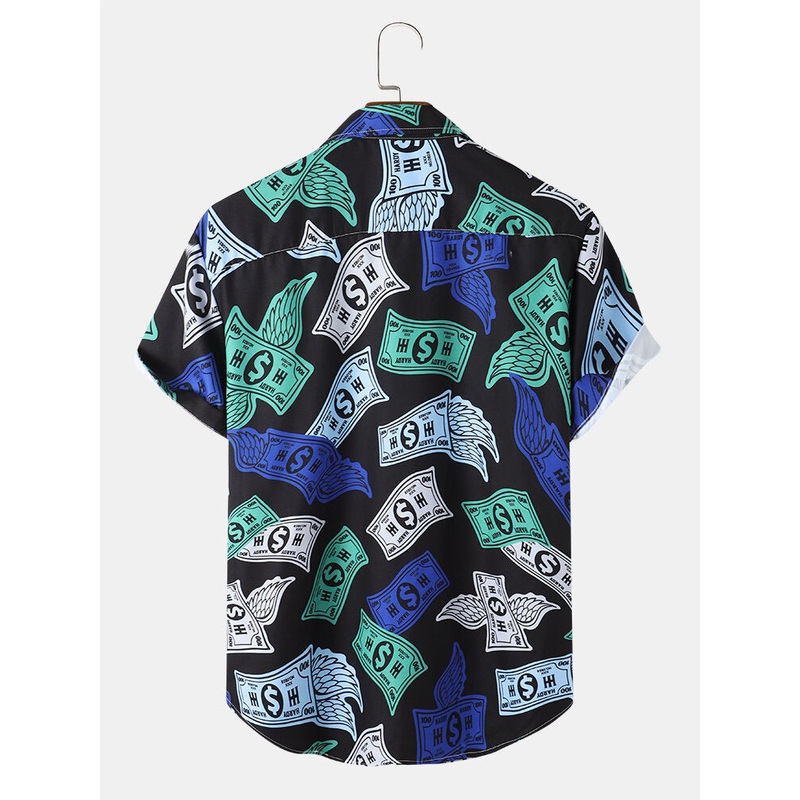 Mens Money Print Revere Collar Pocket Shirts