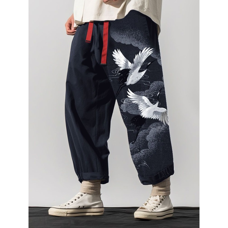Mens Monochrome Japanese Style Crane Print Loose Pants