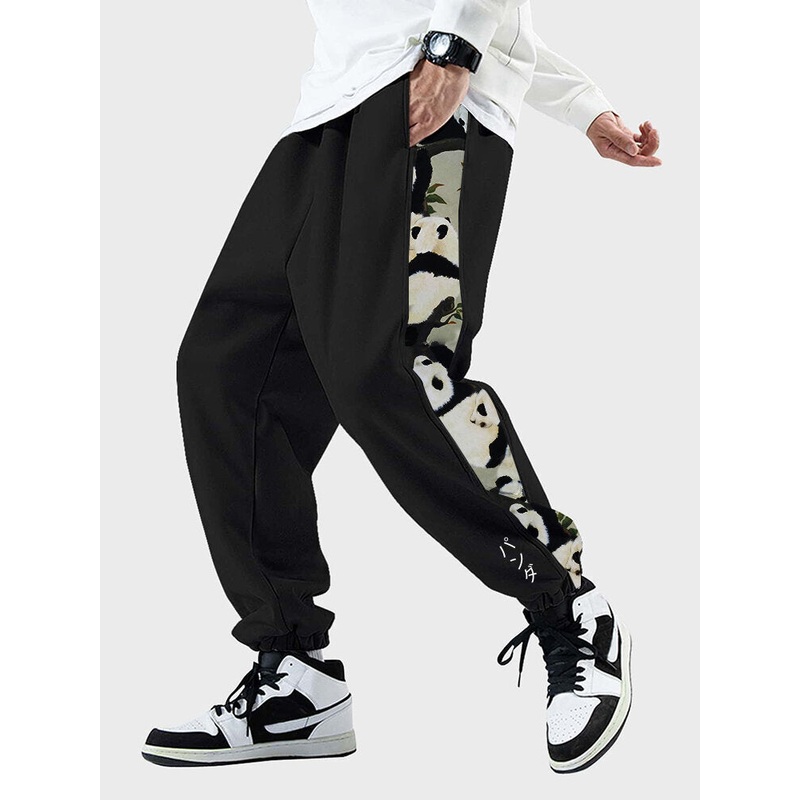 Mens Panda Side Print Patchwork Casual Drawstring Waist Pants