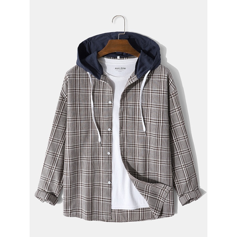 Mens Plaid Casual Preppy Contrast Color Button Shirt with Hooded