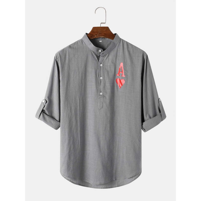 Mens Simple Button Printed Long Sleeve Henley Shirt With Sleeve Tabs