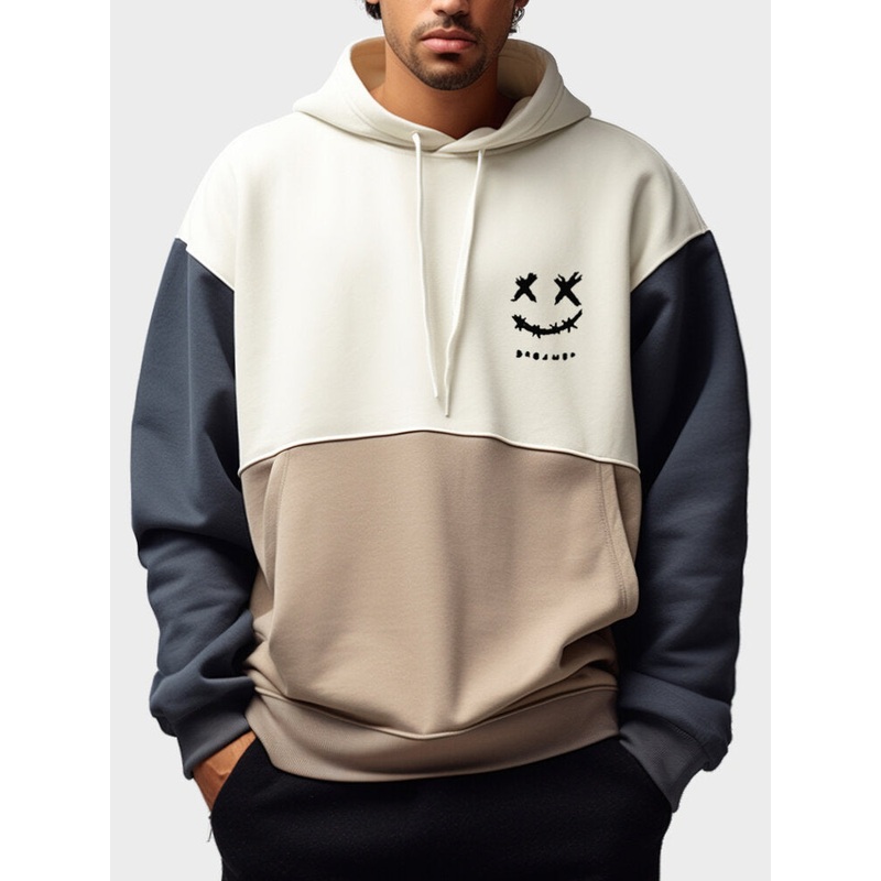 Mens Smile Face Embroidered Patchwork Kangaroo Pocket Drawstring Hoodies